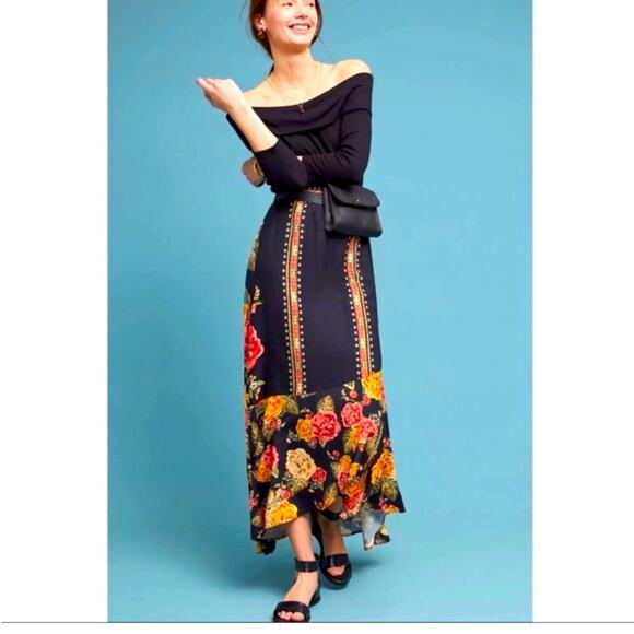 NWOT Anthropology Farm Rio black skirt w/ floral pattern asymmetrical hem small - Picture 1 of 6